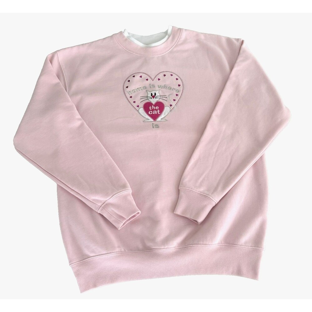 Cat Sweatshirt Women's M Vtg 90s M&C Sportswear Embroidered Pink Grannycore EUC